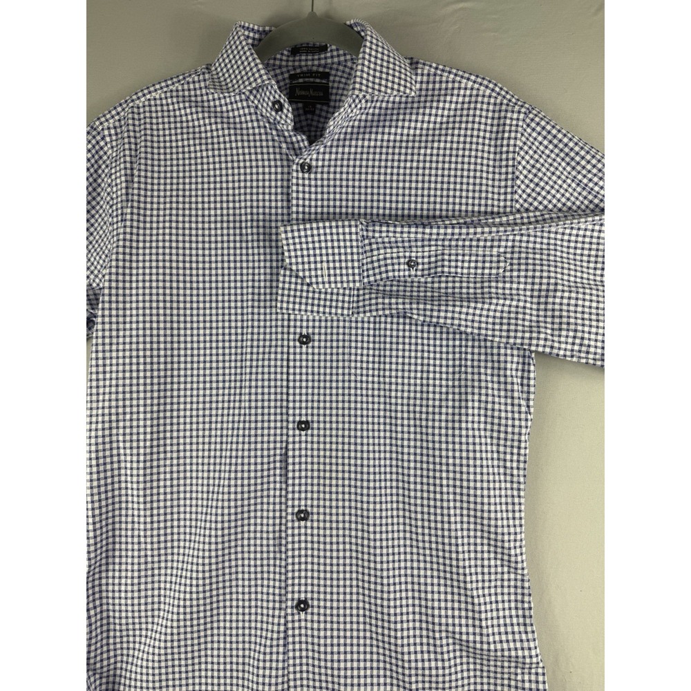 Neiman Marcus white blue gingham style ls button shirt, men's 15 32/33